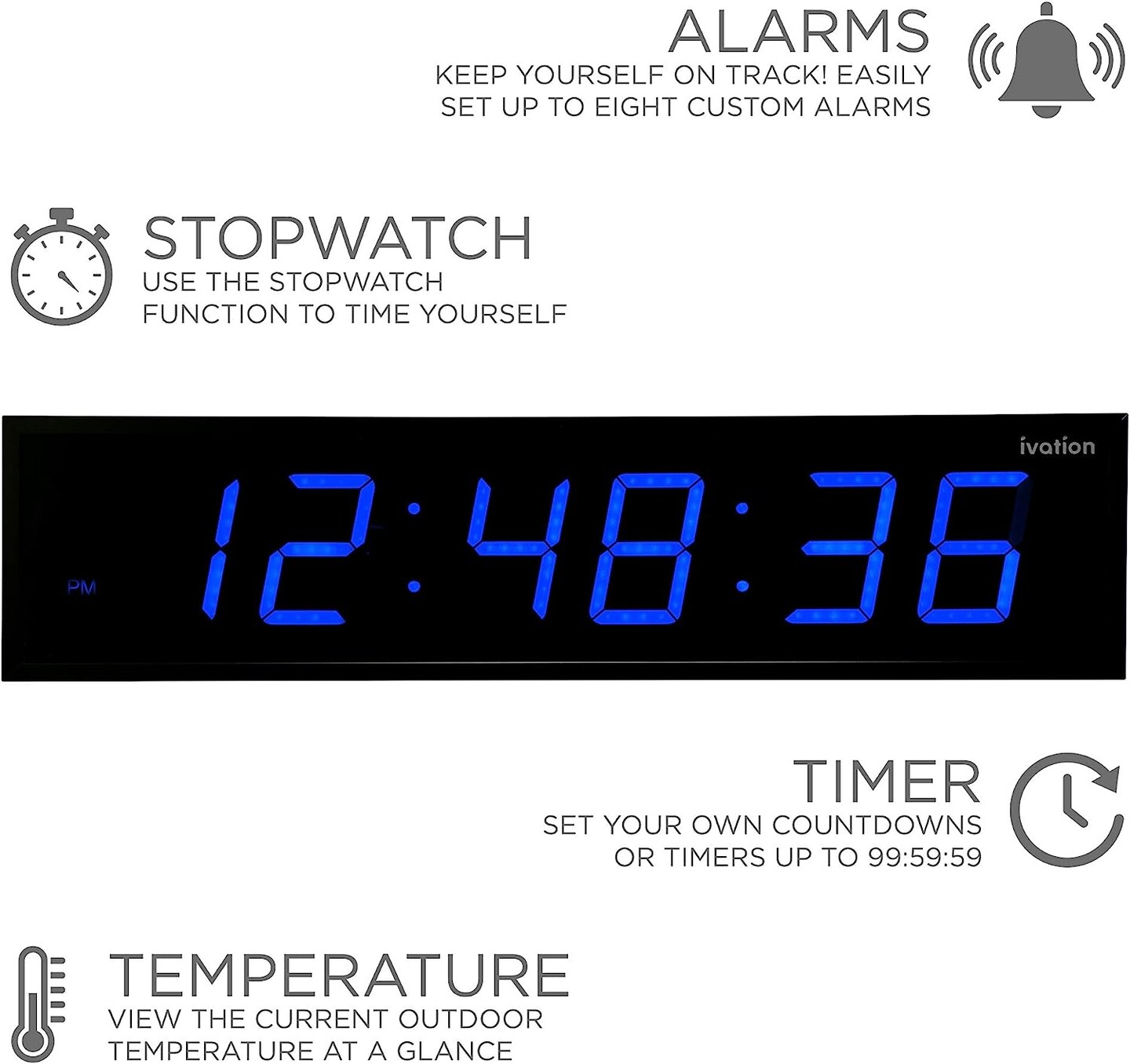 Ivation Huge 48" inch Digital LED Clock with Stopwatch, Alarms, Timer & Temp