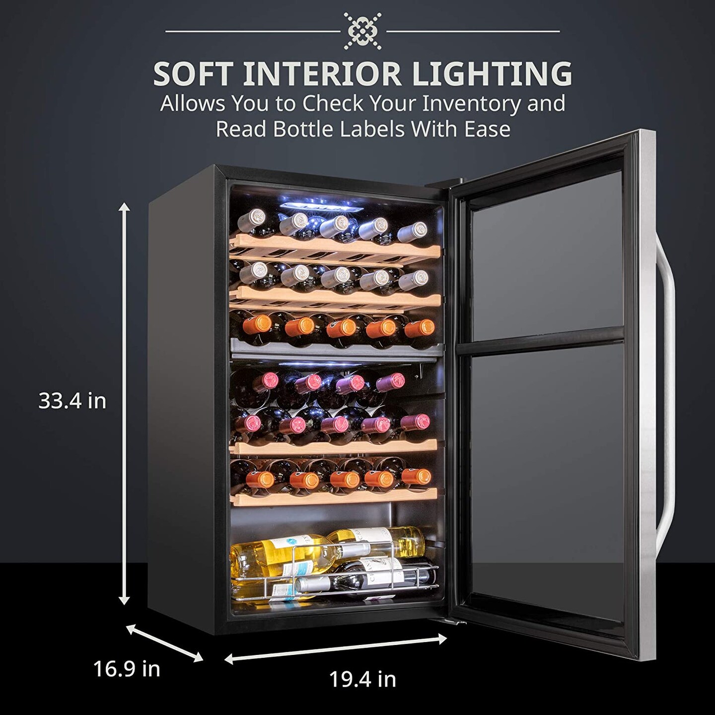 Ivation 33-Bottle Dual Zone Wine Cooler, Stainless Steel Freestanding Wine Fridge with Lock