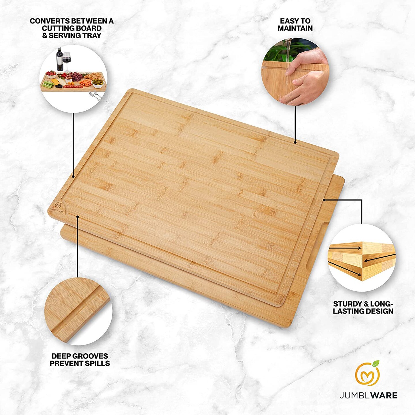 JumblWare Bamboo Cutting Board, 18x24&#x22; Large Wooden Chopping Block Tray with Handles