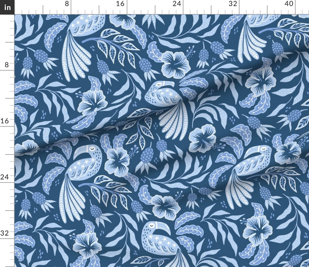 Various Fabrics by the Yard or Fat Quarter Hibiscus Garden Tropical Toucan Pineapple Denim Blue Custom Printed Fabric by Spoonflower