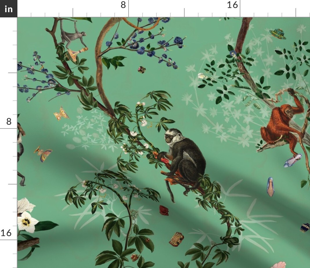 Glam Chinoiserie Vintage Style Monkey Jungle Jade Green Cottagecore Grandmillennial Custom Printed Fabric by Spoonflower Various Fabrics by the Yard or Fat Quarter