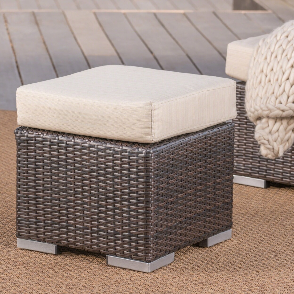 GDFStudio Santa Rosa Outdoor 16 Inch Wicker Ottoman Seat with Water Resistant Cushion