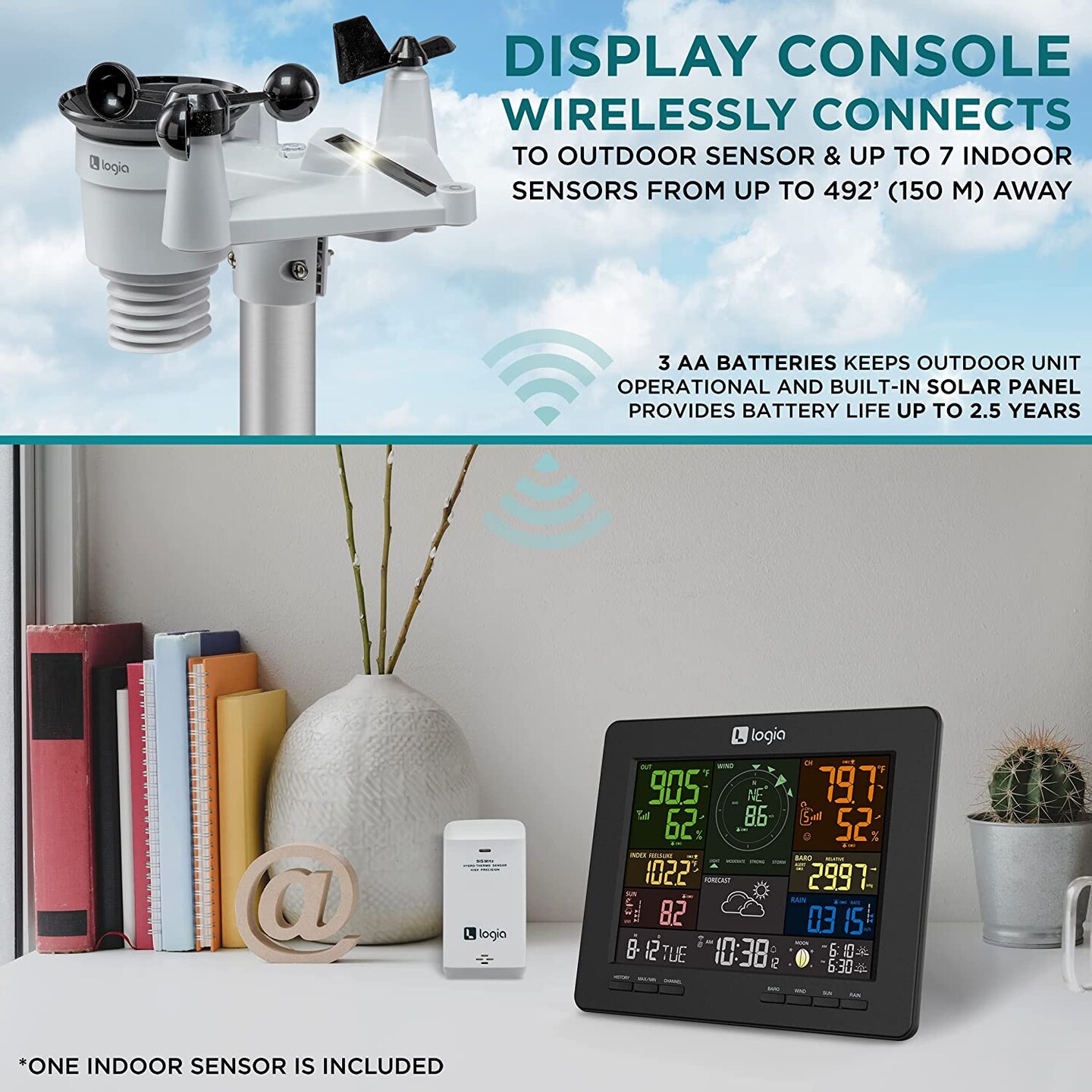 Logia 7-in-1 WiFi Wireless Weather Station with solar panel and Black LED Display