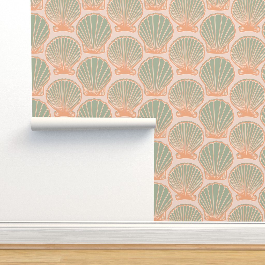 Pink Sun Sand Summer Beach Sea Clam Seashell Relax Coastal Chic Large Scale Custom Removable Wallpaper by Spoonflower Peel & Stick Wallpaper 2FT Wide