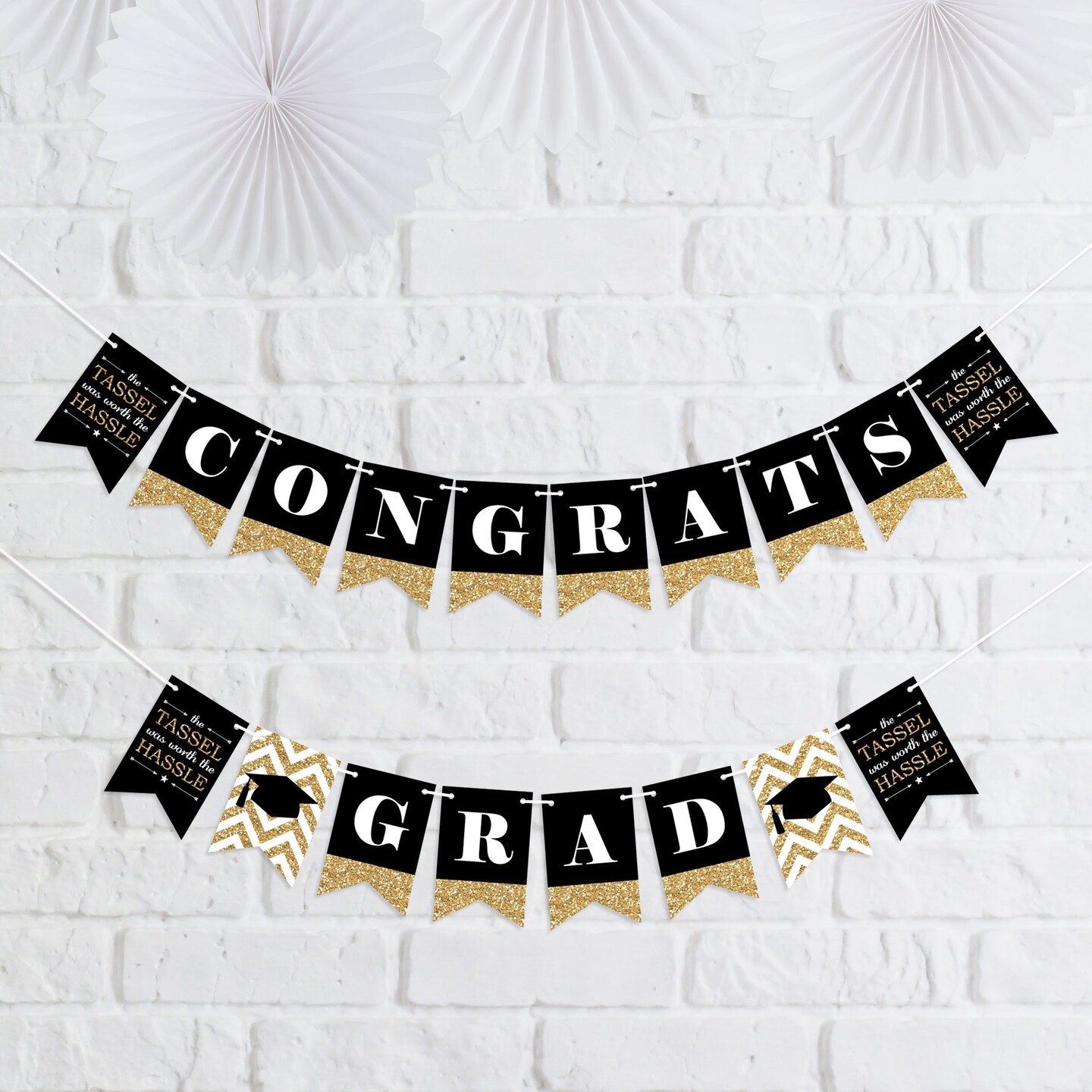 Big Dot of Happiness Tassel Worth The Hassle - Gold - Graduation Party Mini Pennant Banner - Congrats Grad