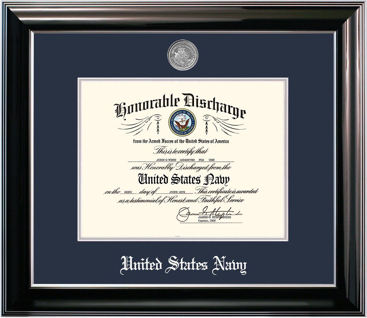 Patriot Frames Navy 8.5x11 Discharge Classic Black Frame with Silver Medallion