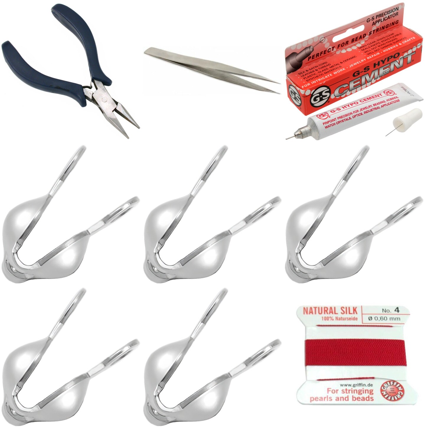 Bead Tip Kit - Pliers, Tweezers, Cement, 5 Bead Tips &#x26; Red Bead Cord #4