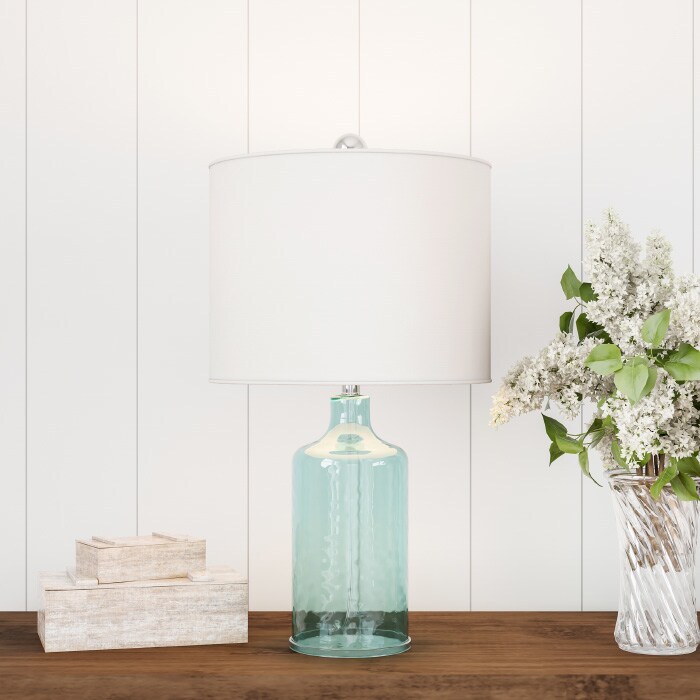 Blue Glass Table Lamp With Ivory Shade Led Bulb Rustic Coastal 20In Tall