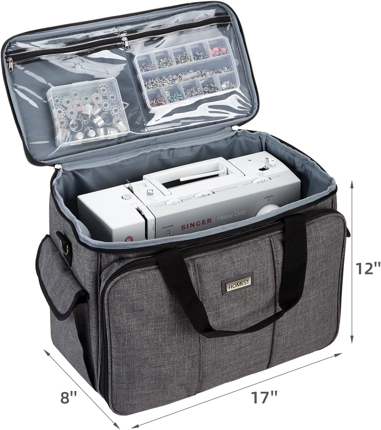 Sewing Machine Carrying Case with Multiple Storage Pockets, Universal Tote Bag with Shoulder Strap Compatible with Most Standard Singer, Brother, Janome, Grey (Patent Design)