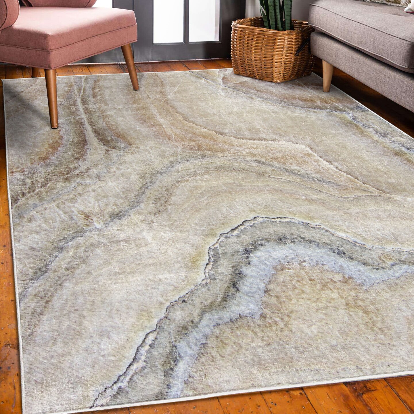 Ambesonne Marble Print Decorative Rug, Surreal Onyx Stone Surface Pattern Pale Blue Details Picturesque Art, Quality Carpet for Bedroom Dorm and Living Room, Cinnamon Beige Tan