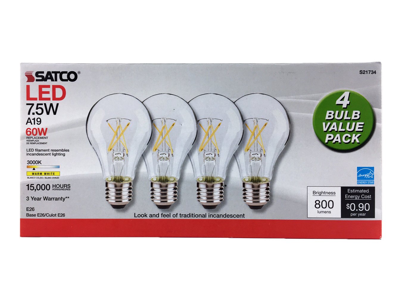 4Pk - Satco 7.5W A19 LED Clear Medium base 3000K 120 Volt