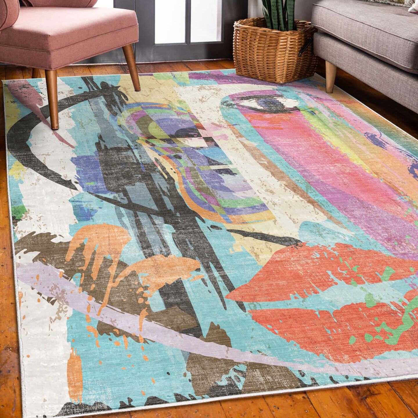 Ambesonne Abstract Decorative Rug, Woman Face Art Composition Paint Strokes and Splashes Eye Red Lips Grungy Artwork, Quality Carpet for Bedroom Dorm and Living Room, Multicolor