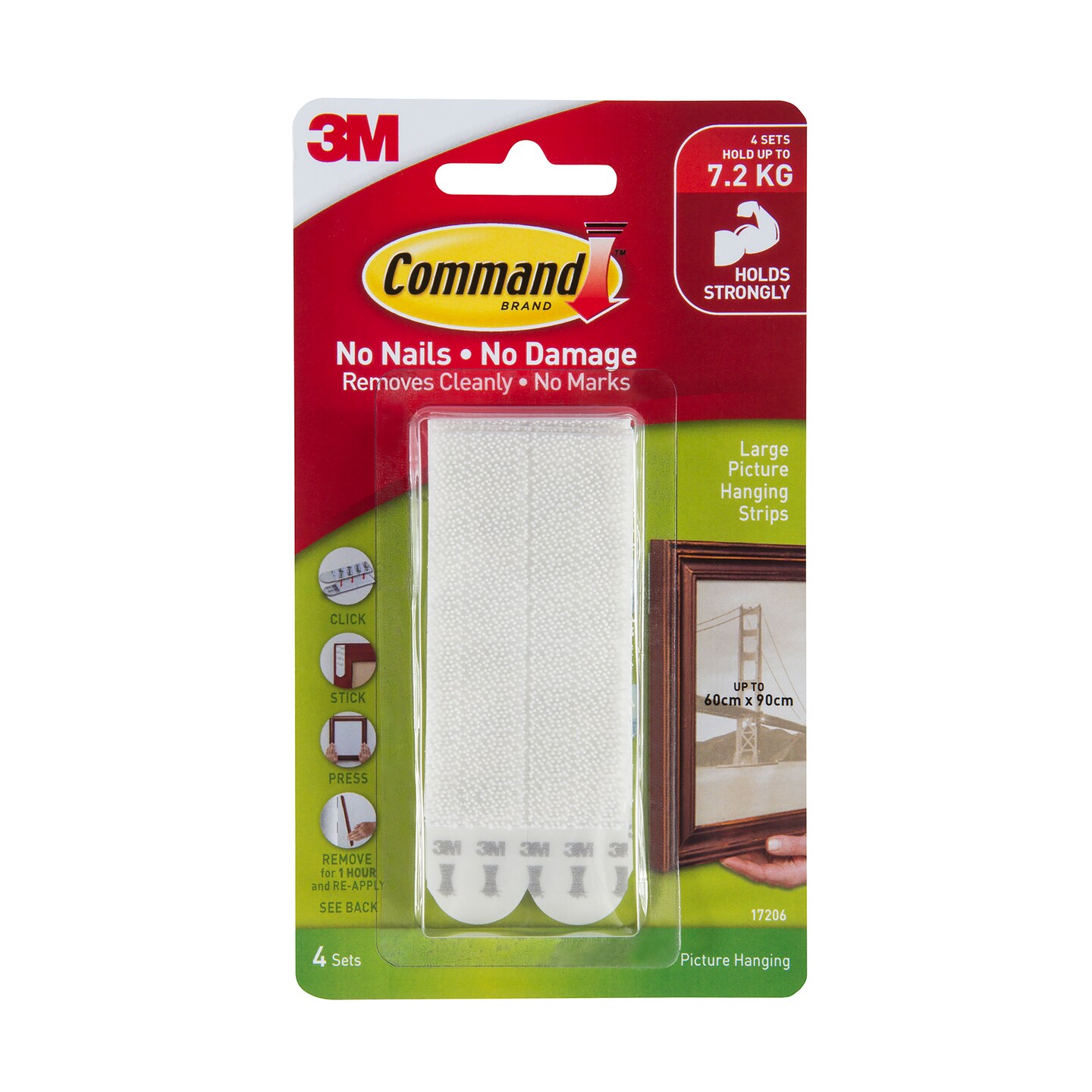 3M Command Picture Hanging Strips, Large, White, 4/Pkg.