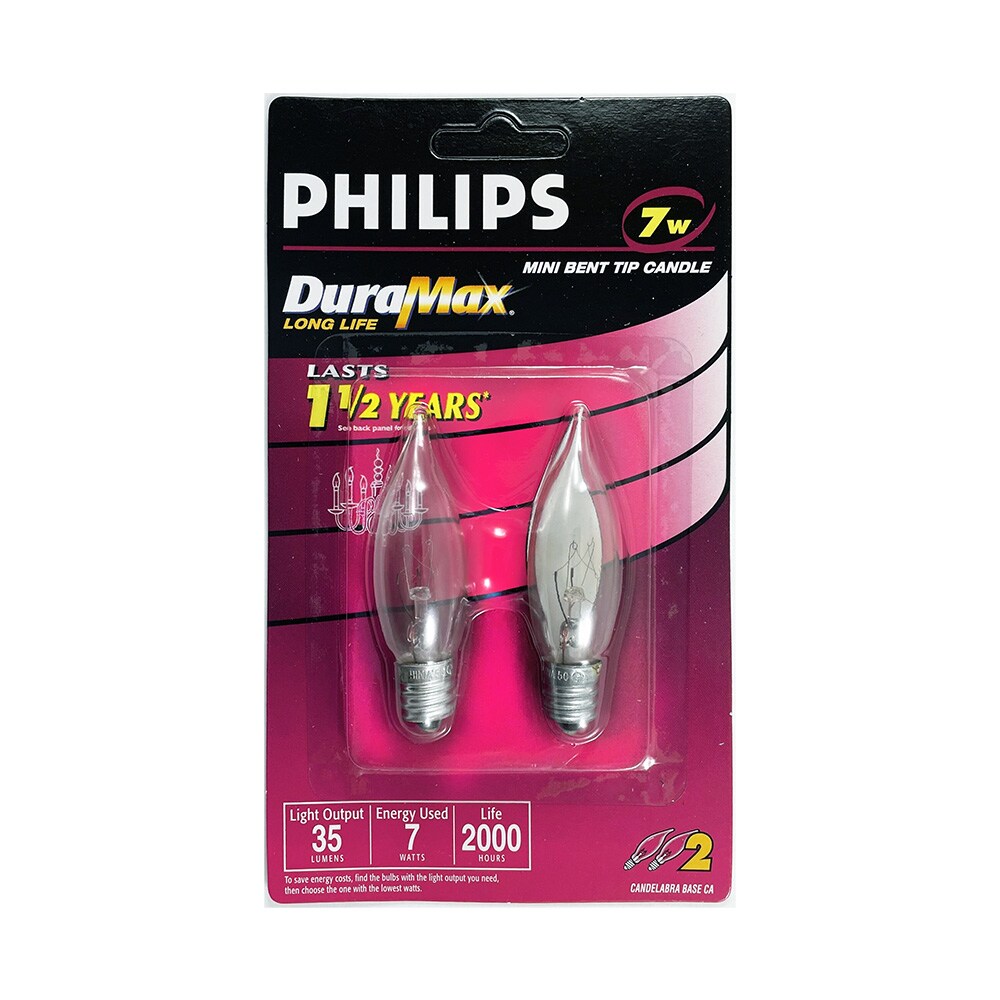 2Pk - Philips 7w 120v C7 CA5 Clear E12 Candelabra Mini Bent Tip Candle Light Bulb