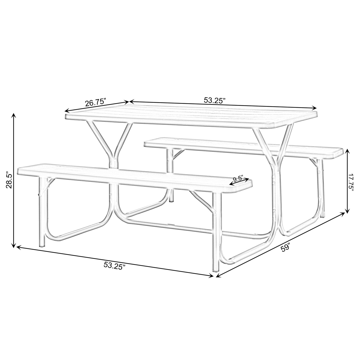 Outdoor Gray Woodgrain Picnic Table Set with Metal Frame, 5 Feet Long