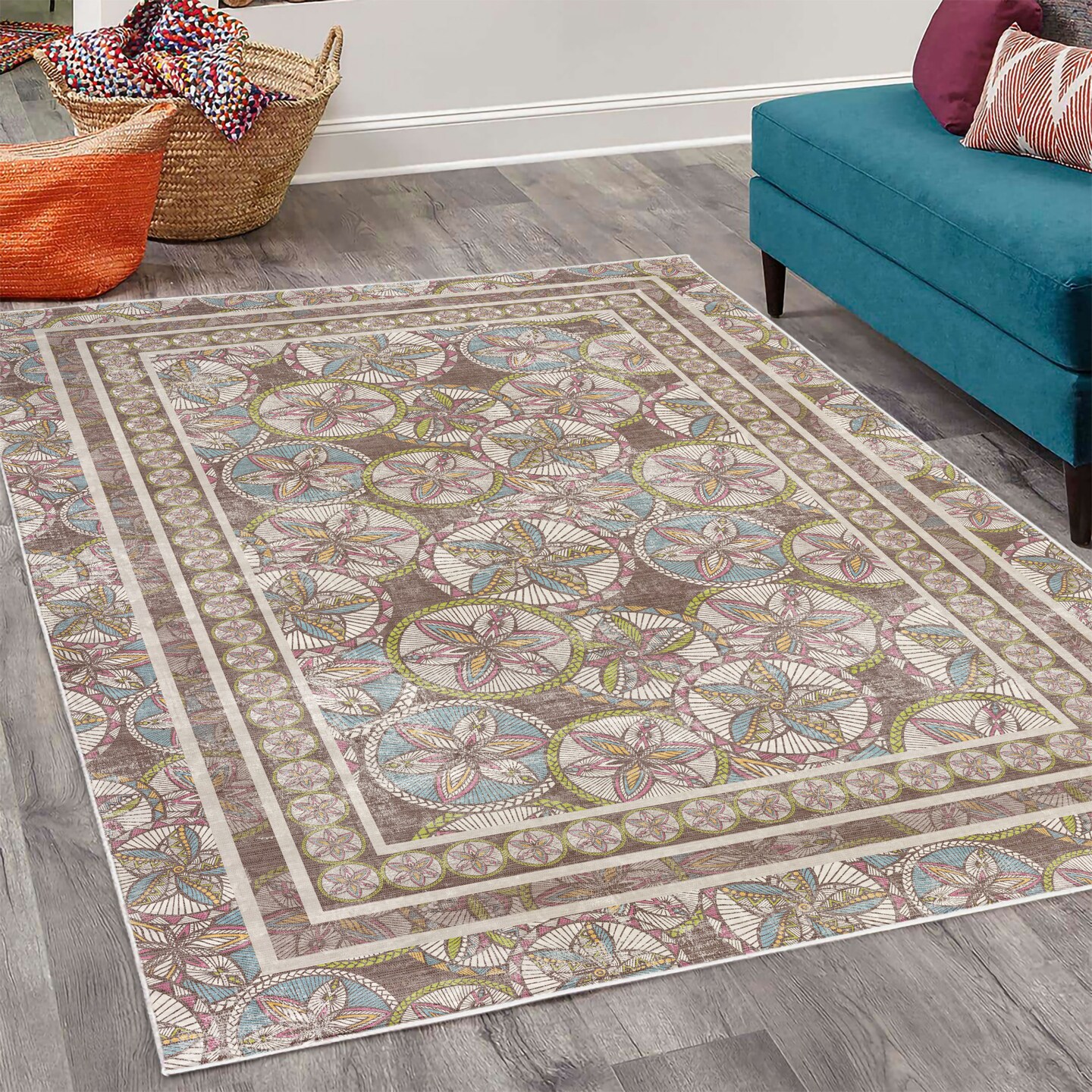 Ambesonne Floral Decorative Rug, Exotic Flower Petals in Rounds Geometric Tropical Jungle Composition, Quality Carpet for Bedroom Dorm and Living Room, Eggplant Blue and Green