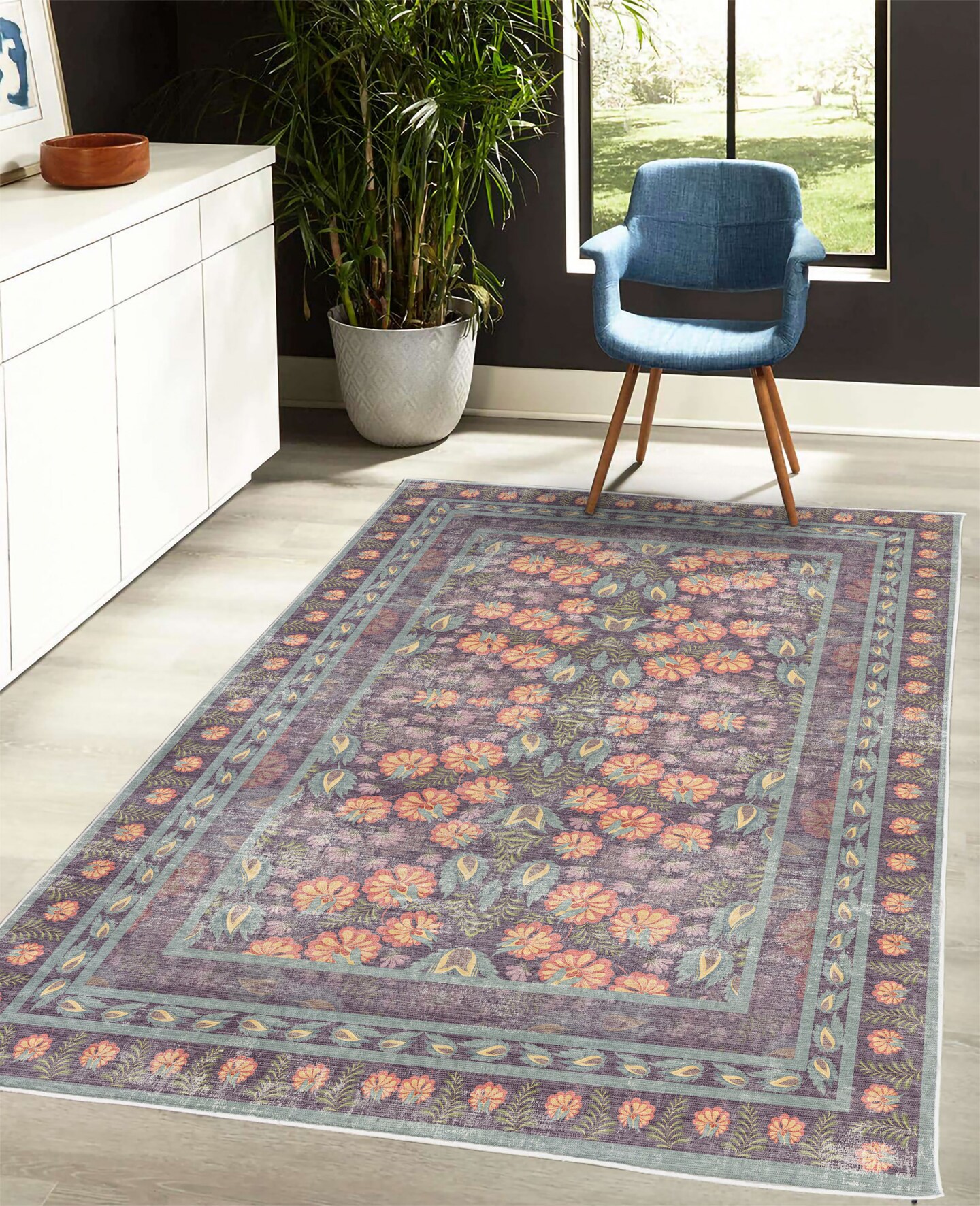 Ambesonne Folk Art Decorative Rug, Bohemian Themed Peachy Ethnic Flowers and Traditional Botanical Details, Quality Carpet for Bedroom Dorm and Living Room, Plum and Blue Grey