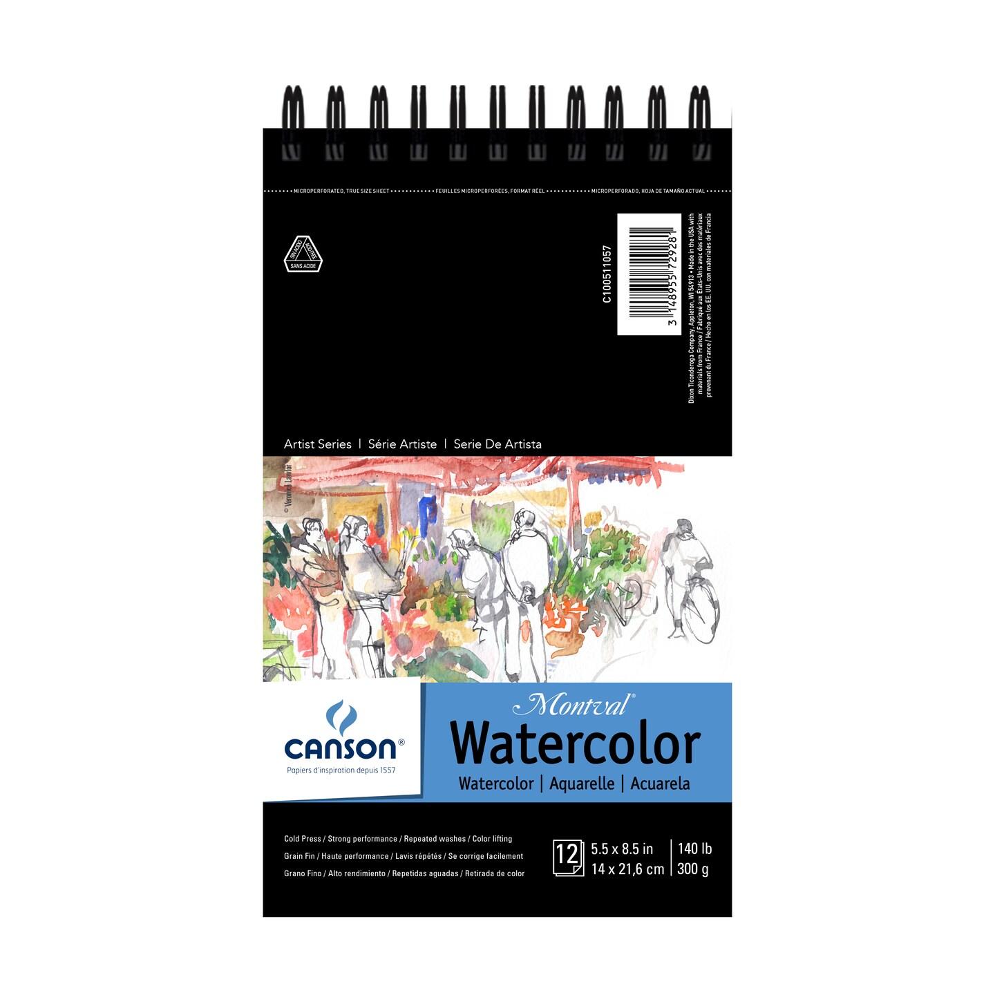 Canson - Artist Series Montval Watercolor Block, Field Sketch Book &#x26; Pad - Top Spiral-Bound Pad (12 Sheet) - 5-1/2&#x22; x 8.5&#x22;