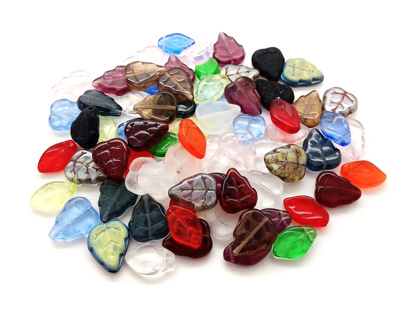 Glass Leaf Bead Mix, 50 pieces, Assorted Colors &#x26; Styles of Leaves, Adorabilities