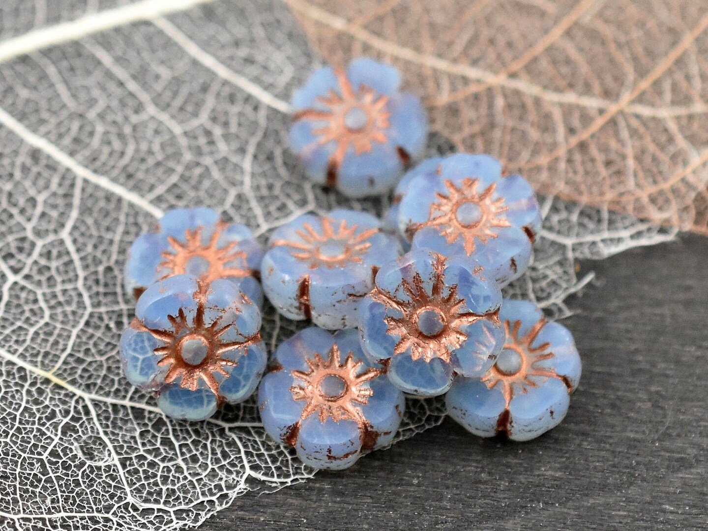 *16* 9mm Copper Washed Blue Opaline Table Cut Hawaiian Flower Beads