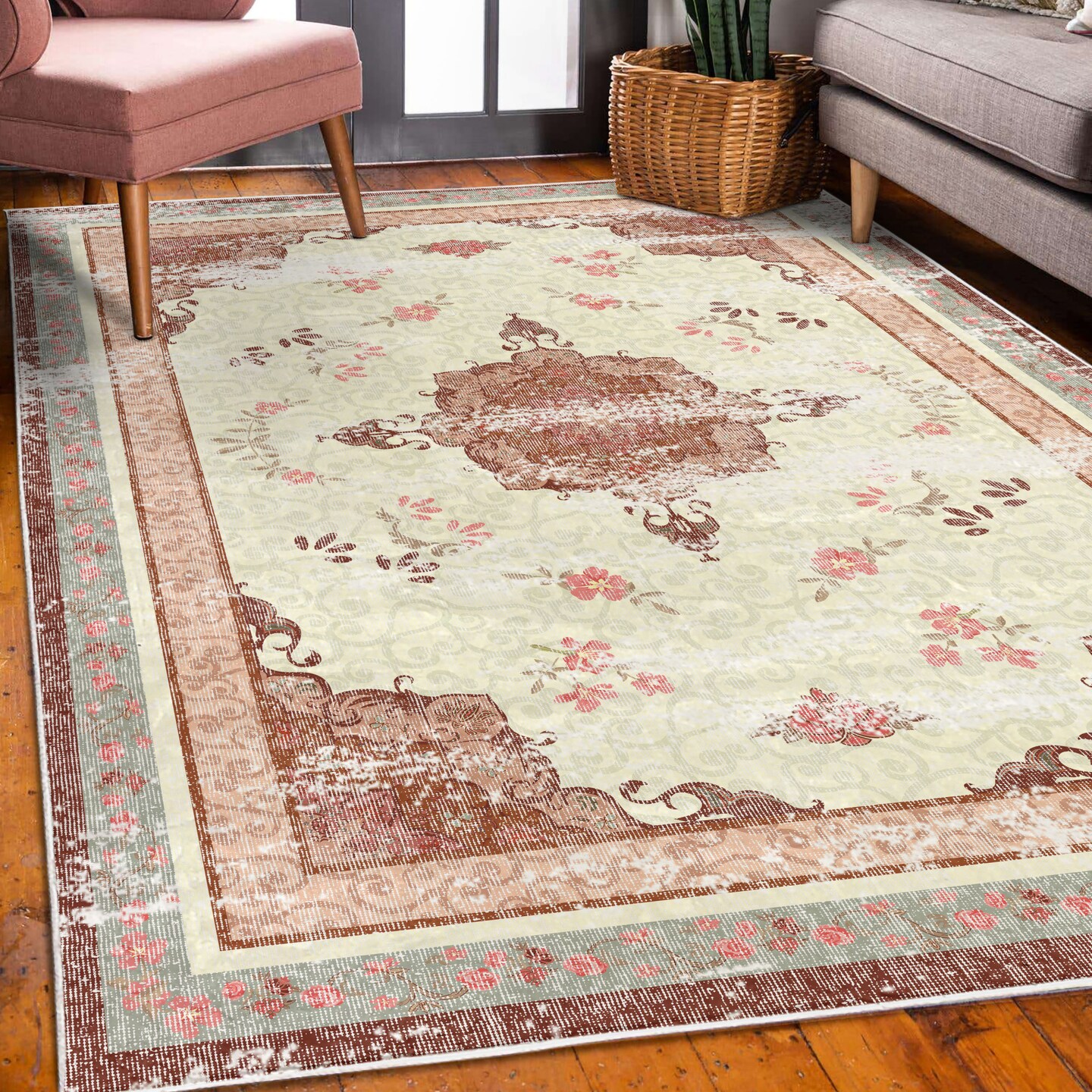 Ambesonne Vintage Decorative Rug, Minimal Flowers and Ethnic Damask Eastern Culture Weathered Effect Design Print, Quality Carpet for Bedroom Dorm and Living Room, Ivory and Rust