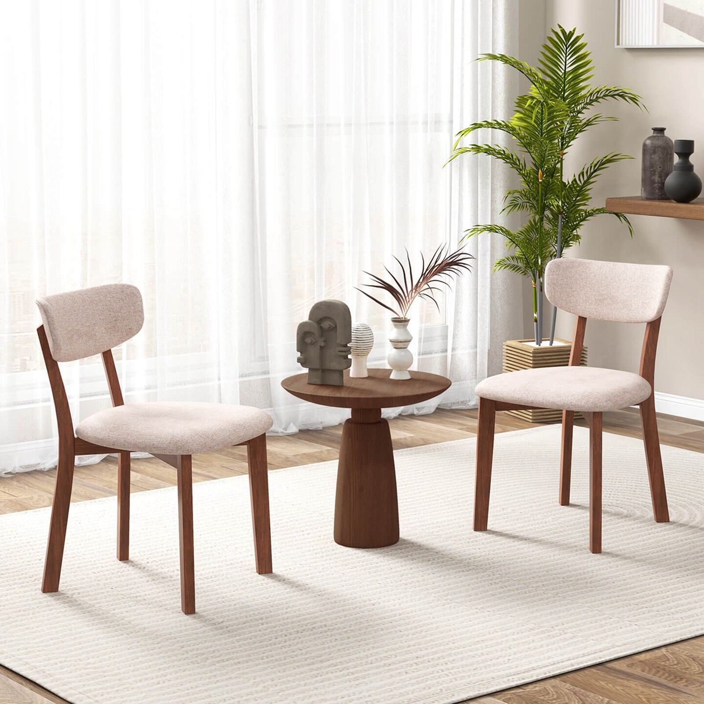 Costway 2 PCS Upholstered Dining Chairs Set of 2 with Solid Rubber Wood Frame, Curved Backrest Beige/Grey