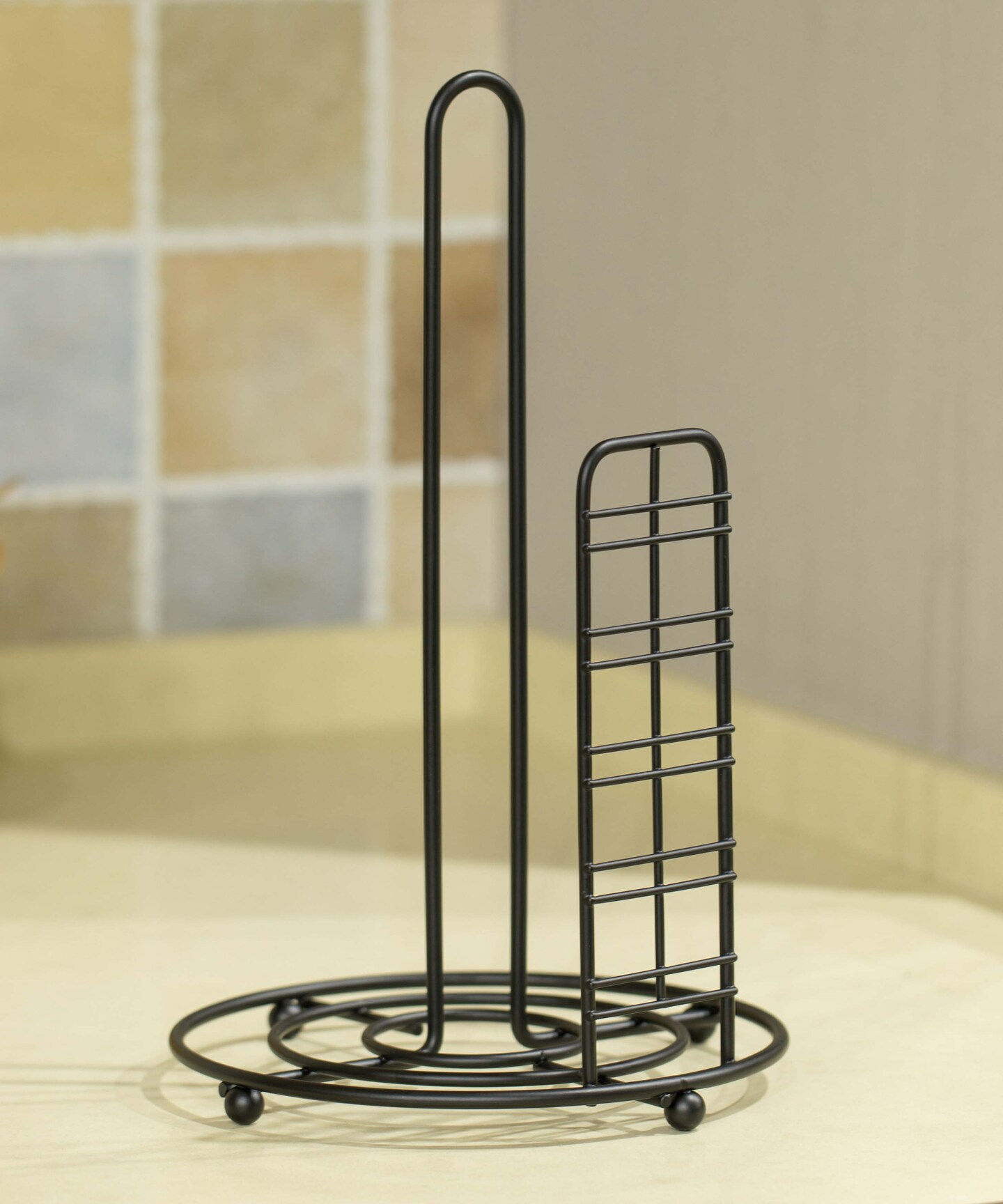 Freestanding Round Single Roll Sturdy Black Iron Towel Paper Holder Stand Roll Dispenser, Countertop Portable Stand for Kitchen, Dining Room, and Office