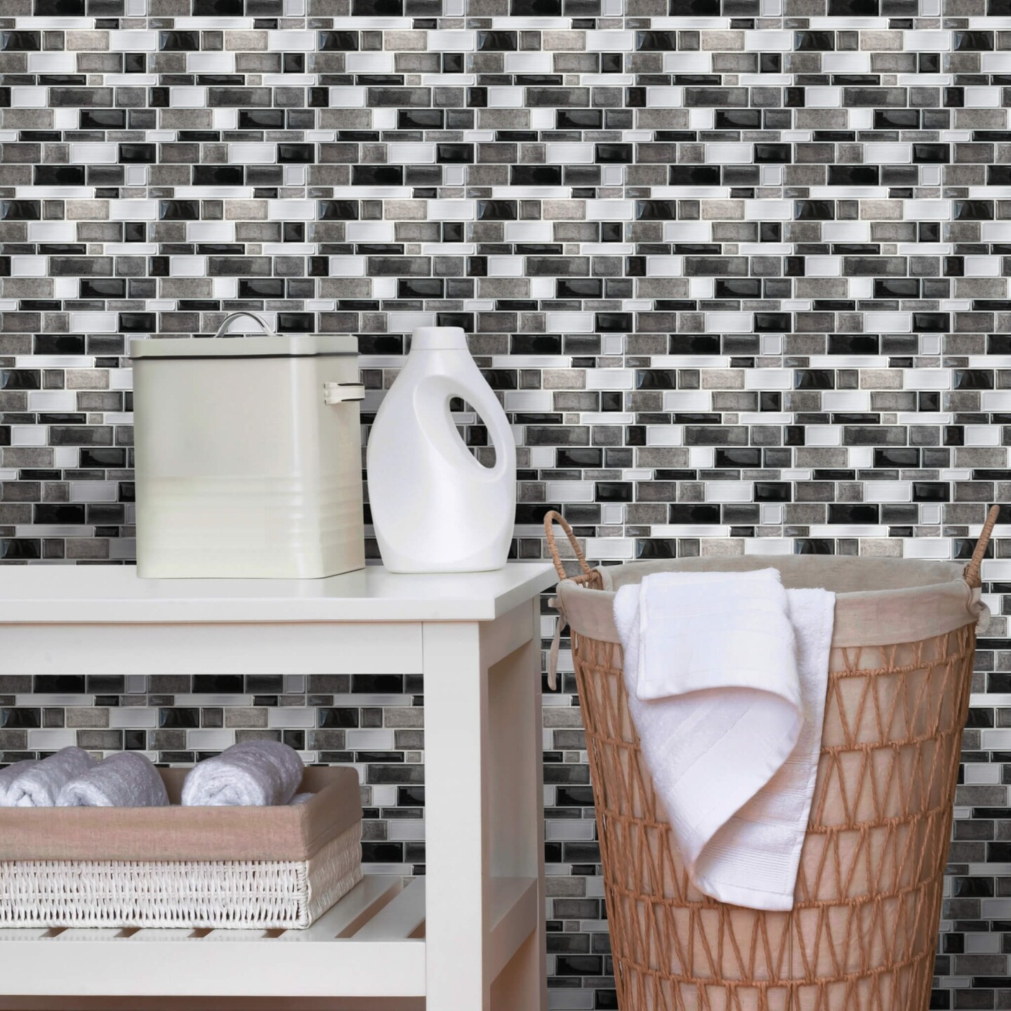 4-Pack Peel and Stick 10.5" x 10.5" Tiles Silver and Black Mosaic. Covers 2.06 Sq. Ft