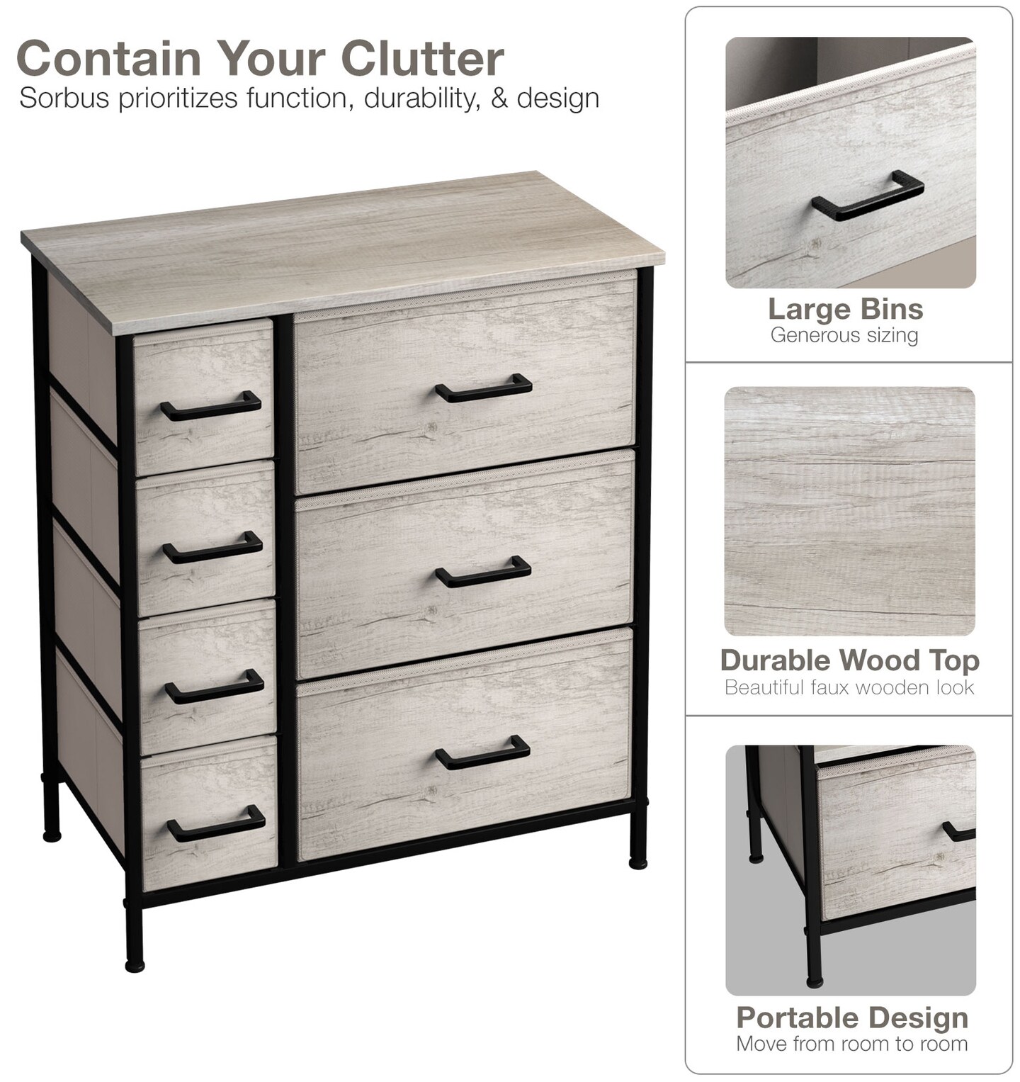 Sorbus Dresser with Drawers - Furniture Storage Tower Unit for Bedroom, Hallway, Closet, Office Organization - Steel Frame, Wood Top, Easy Pull Fabric Bins