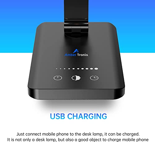 LED Desk Lamp with USB Charging Port, Dimmable Eye-Caring Reading Desk Light for Home, with 5 Brightness Level &#x26; 3 Lighting Modes, Touch Control, Auto Timer (Black)