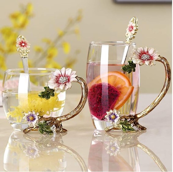 Enamel Sunflower Crystal Lead-Free Glass Tea Cup with Spoon Set, Christmas and Valentine&#x27;s Day Gift.The ideal gift for a mother, grandmother, girlfriend, or sister.