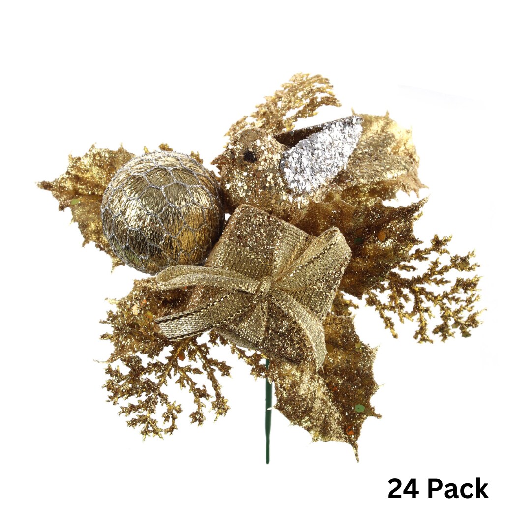 Set of 24 Christmas Gold Glitter Picks with Dove, Gift Box & Ornament Ball - Elegant Tree & Wreath Decor - Holiday Season - 2024 Christmas Collection, Floral Home by Artificial Flowers