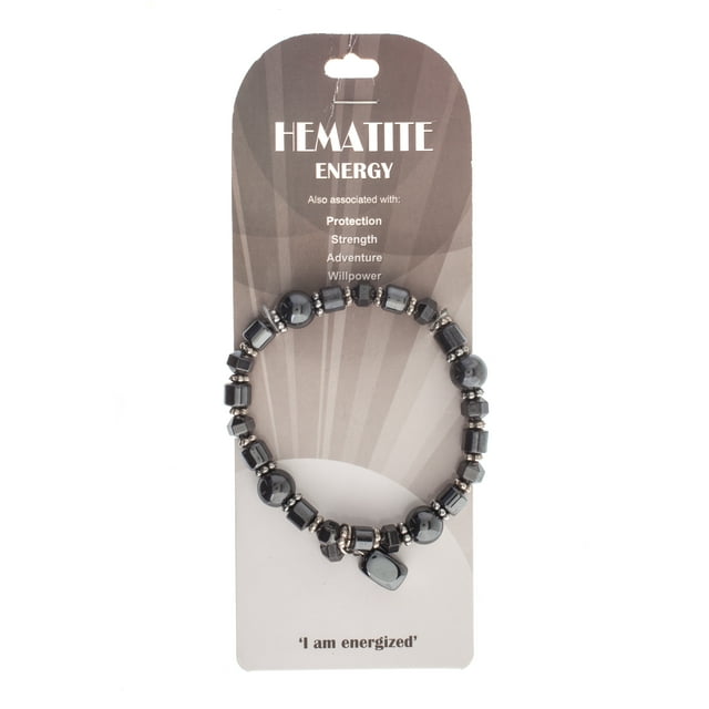 Earth's Jewels Semi-Precious Natural Hematite Grey Bracelet, Rectangle Charm