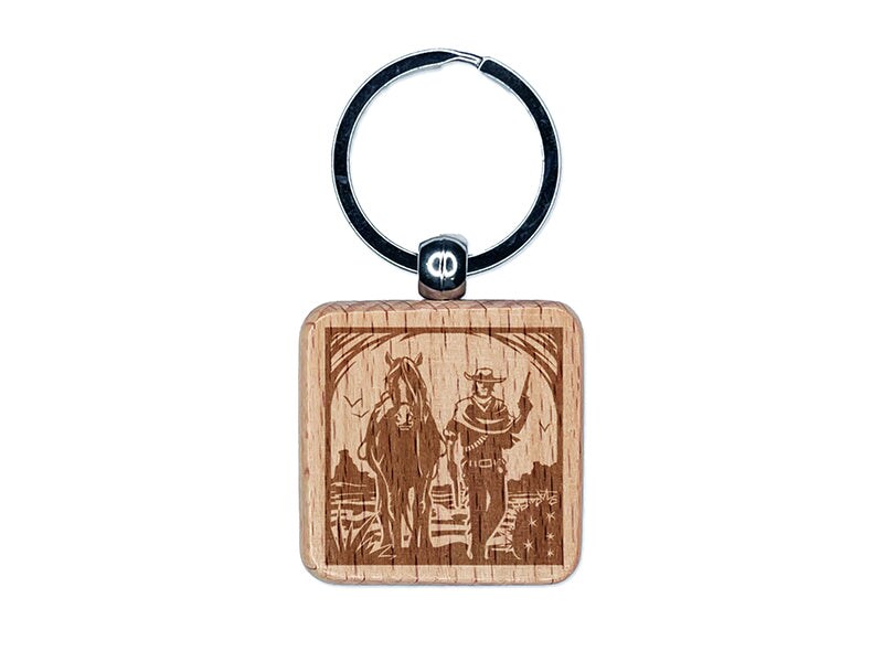 Cowboy with Guns and Horse Engraved Wood Square Keychain Tag Charm