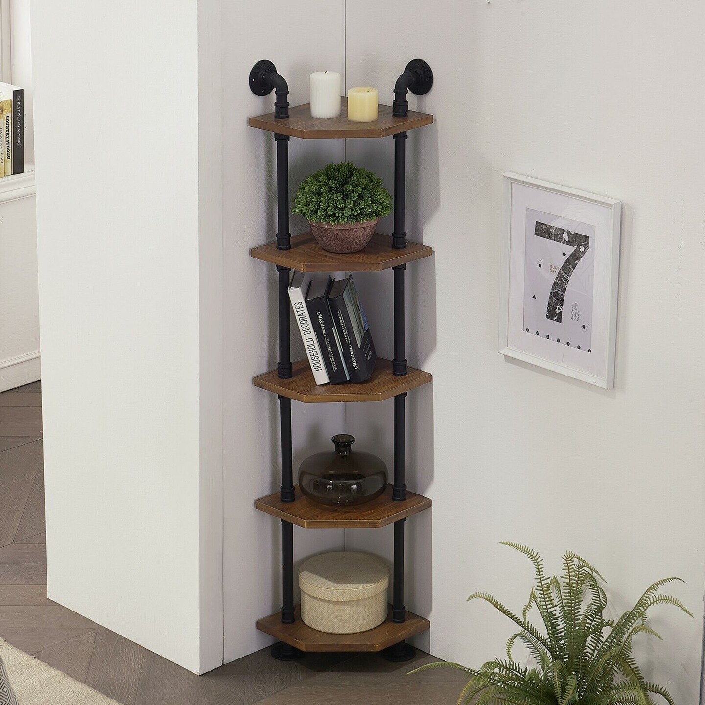5-Tier Bookshelf Corner Storage Pipe Shelves .
