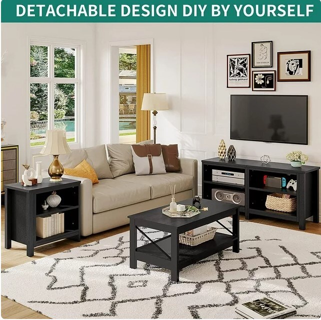 Classic 6 Cubby Modern TV Stand for TVs up to 80" DIY 69" Black Media Entertainment Centre Console Table for Living Room Bedroom