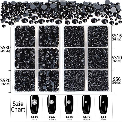 6400 Pieces Hotfix Rhinestones Black Flat Back 5 Mixed Sizes Crystal Round Glass Gems with Tweezers and Picking Rhinestones Pen