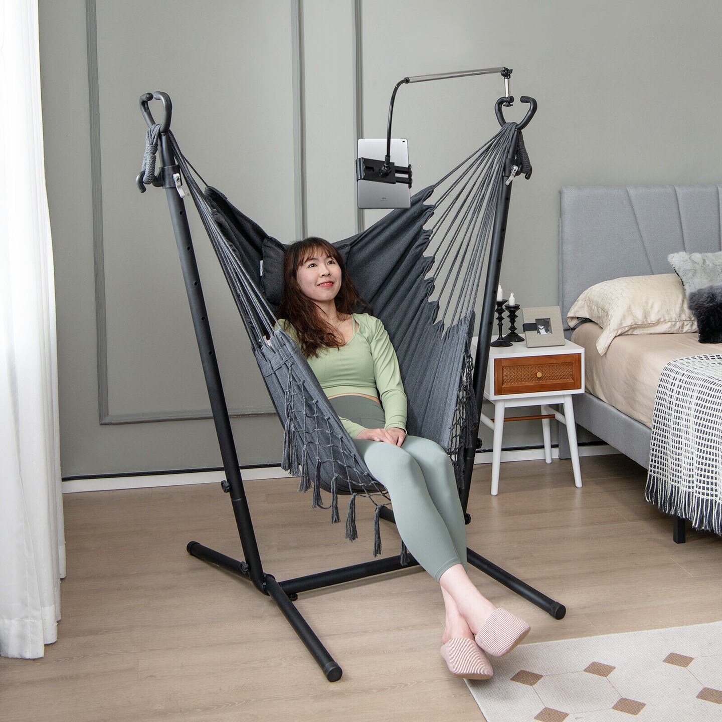 Height Adjustable Hammock Chair with Phone Holder and Side Pocket-grey