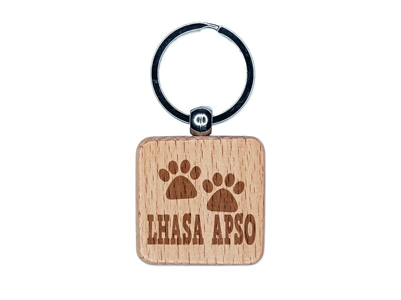 Lhasa Apso Dog Paw Prints Fun Text Engraved Wood Square Keychain Tag Charm