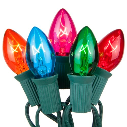 C7 Multi: Red, Blue, Amber, Green, Pink Transparent Steady 25 Set, Green Wire