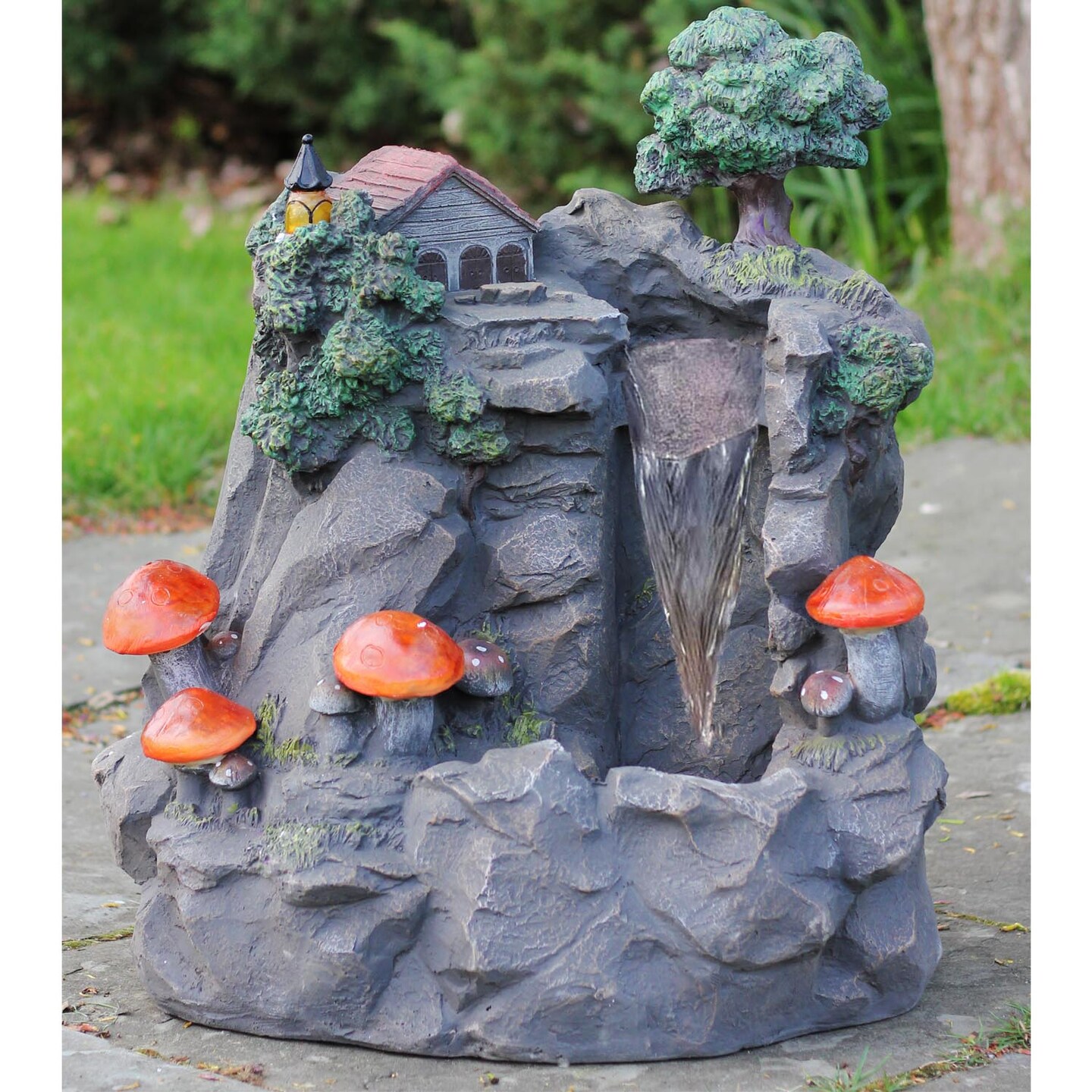 Northlight LED Lighted Solar Waterfall and Mushrooms Outdoor Garden Water Fountain - 24.5&#x22;