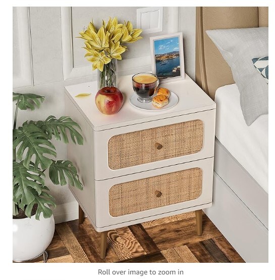 2-Drawer End Table White Finish Side Table for Small Spaces, Modern Farmhouse Wooden Bedside Table, Boho Mid-Century Coastal Storage Cabinet, Wicker Rattan Nightstand Set of 2.