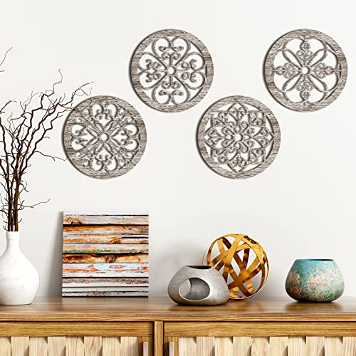 4 Pieces Thicken Rustic Wall Decor Farmhouse Wall Art Decor Wooden Hollow Carved Design Rustic Round Wall Art for Living Room Bedroom Hallway Decor Office Kitchen Wall (Retro White,10 x 10 Inch)