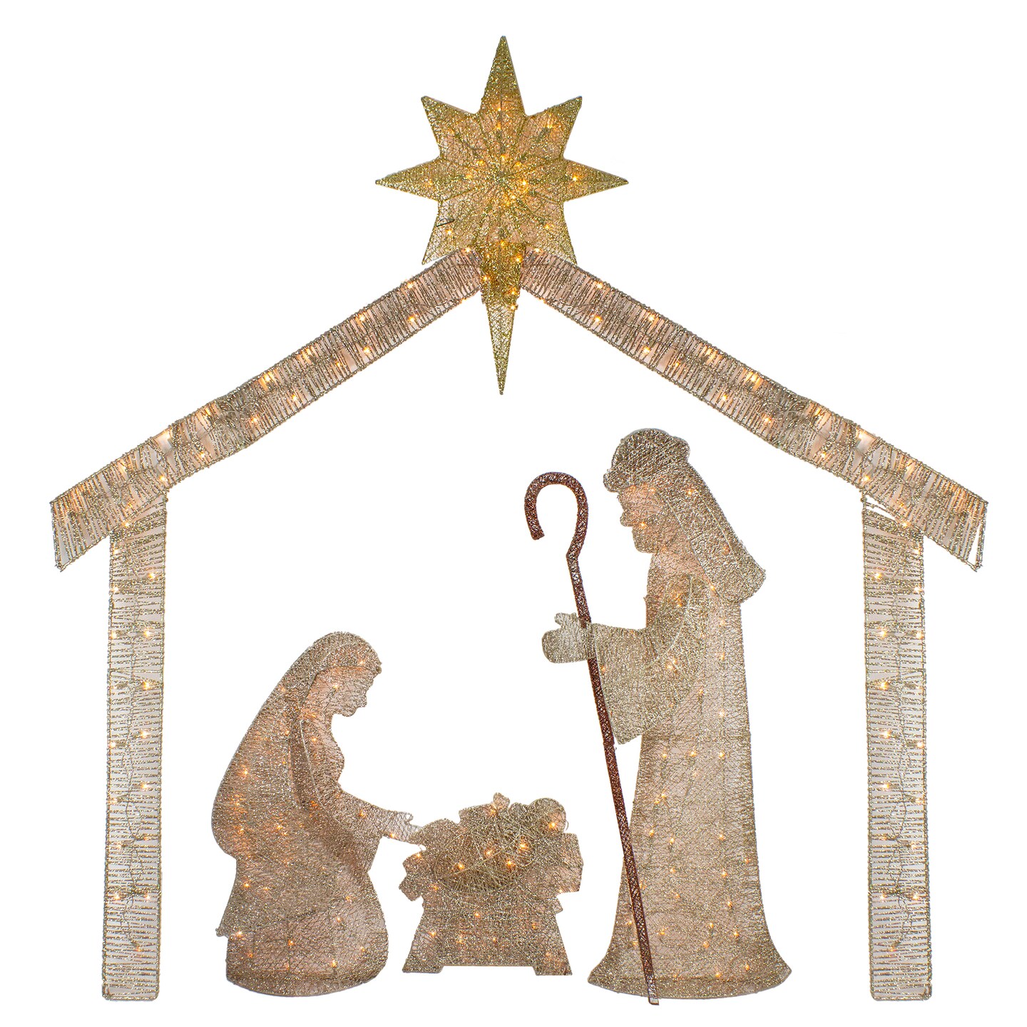 Hofert 69.5&#x22; Pre-Lit Beige and Gold LED Lighted Holy Family Nativity Outdoor Christmas Decor