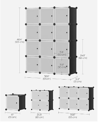 Cube Storage with Door, Black and White, Set of 12 Plastic Cubes, Closet Storage Shelves, DIY Plastic Closet Cabinet, Modular Bookcase, Shelving with Doors for Bedroom, Living Room