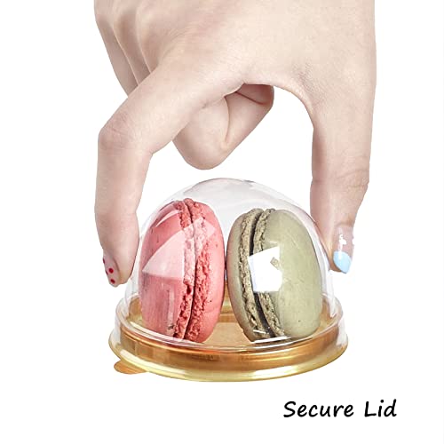 100 Pcs Clear Plastic Mini Cake Boxes with Dome Lids, Mini Bundt Cake Containers for Mini Cupcake, Muffin, Chocolate Covered Cookie, Strawberry, Mooncake and More (Gold Base)