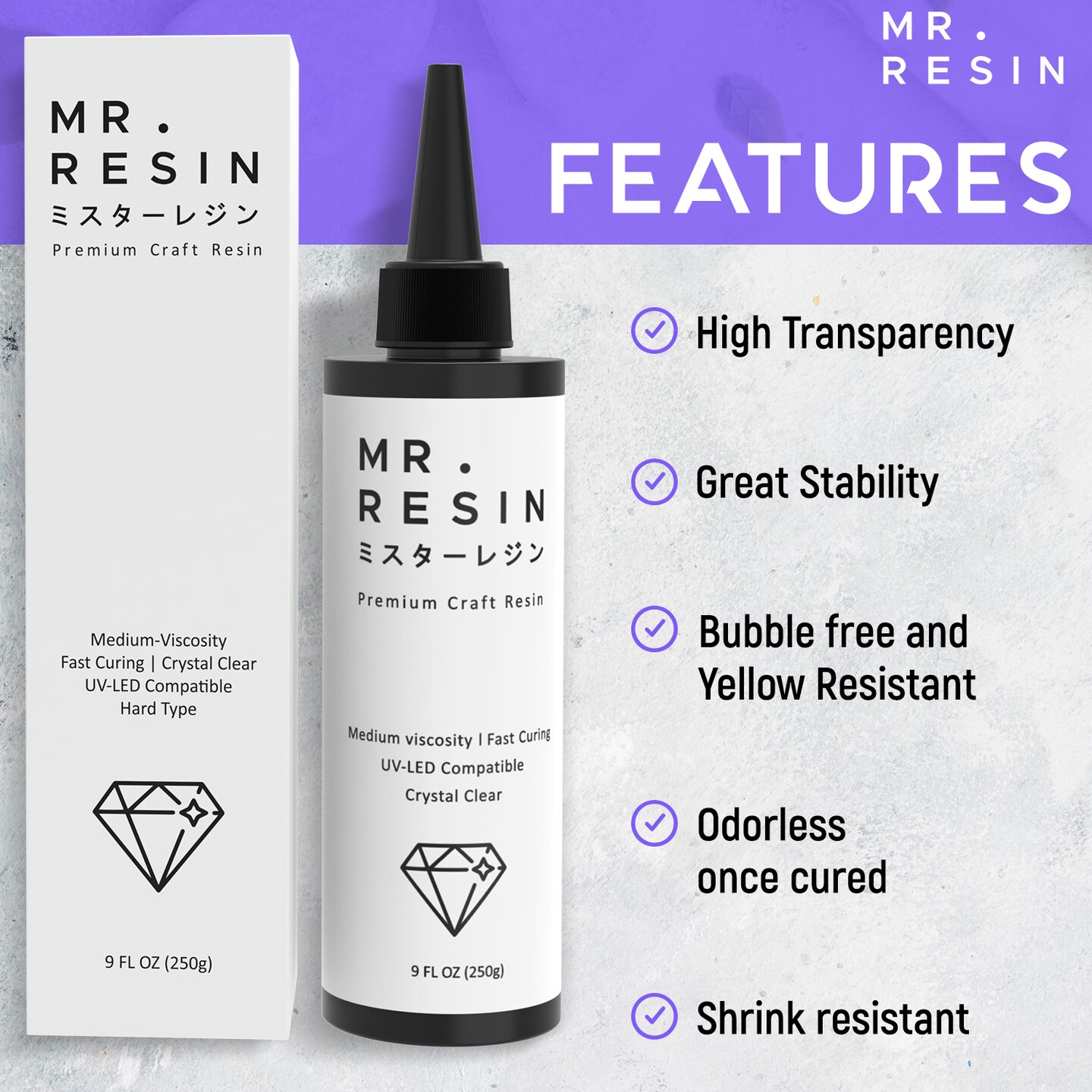 Mr.Resin&#x2122; Original Craft UV Resin 8.8oz Crystal Clear Hard Type UV Resin for Jewelry Making, Rock Painting &#x26; More