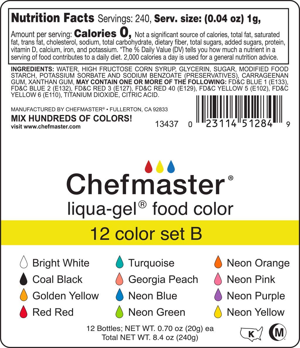 Chefmaster Liqua-gel Food Coloring (12 Pack) 20ml Liquid Gel Food