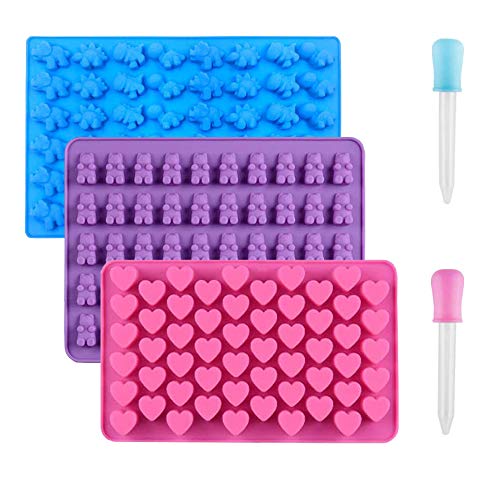 3 Pieces Silicone Chocolate Molds, Reusable Candy Baking Mold Ice Cube Trays Candies Making Supplies with 2 Droppers, Nonstick Silicone Gummy Molds Including Mini Dinosaur, Hearts, Bear Shape