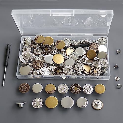 60 Sets Jean Buttons Pins, 17mm and 20mm No-Sew Removable Metal